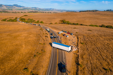 aerial view of truck accident on road